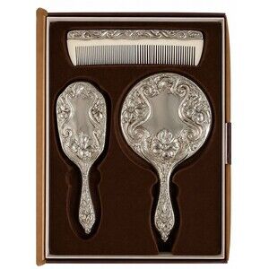 Vintage Antoinette Silver Plated Floral Vanity Dresser Set Mirror Brush Comb